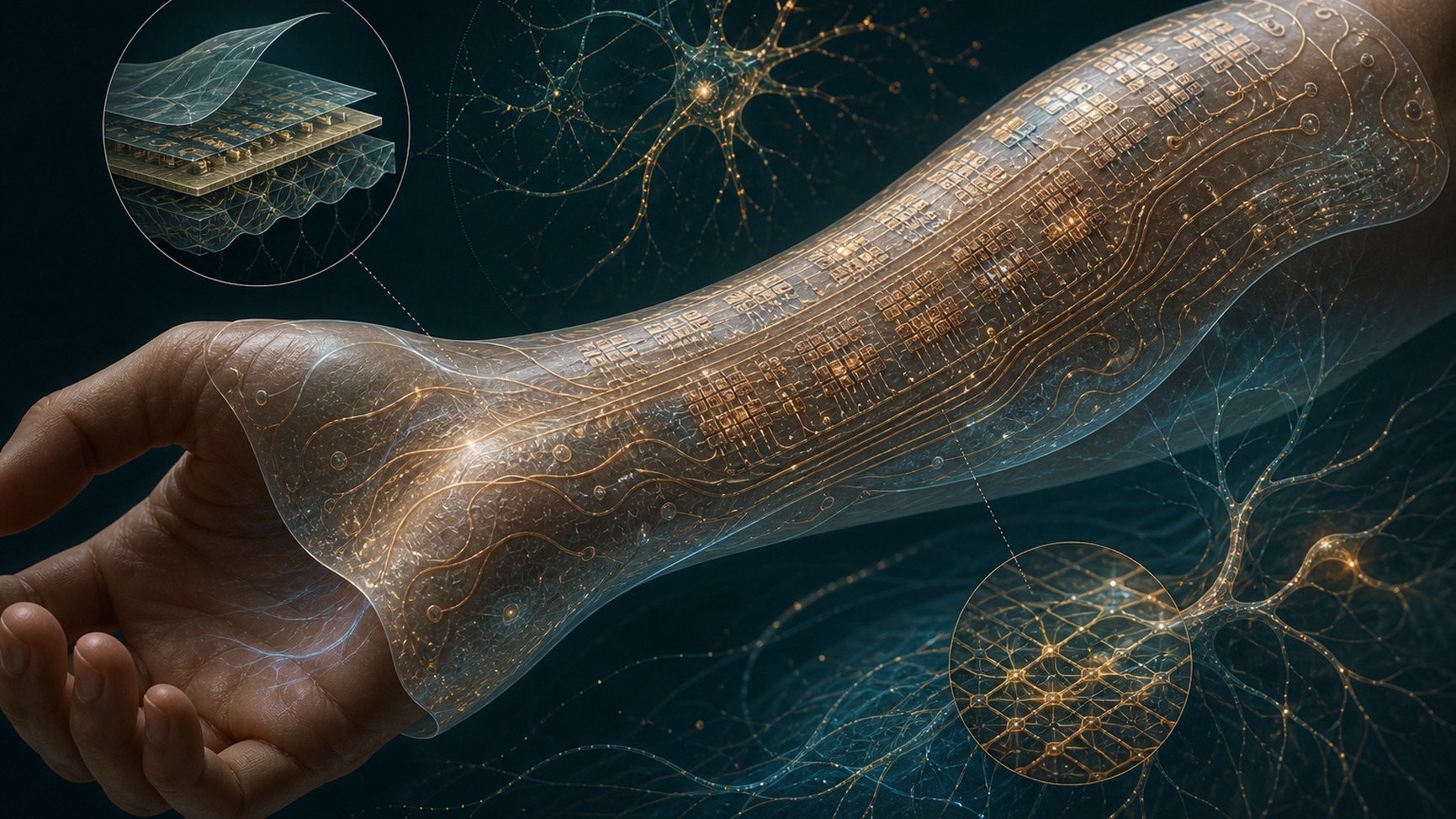 Researchers fabricated dense arrays of stretchable organic electrochemical transistors and used them for neural-network-style processing near the body. It is a prototype platform, not a wearable brain.