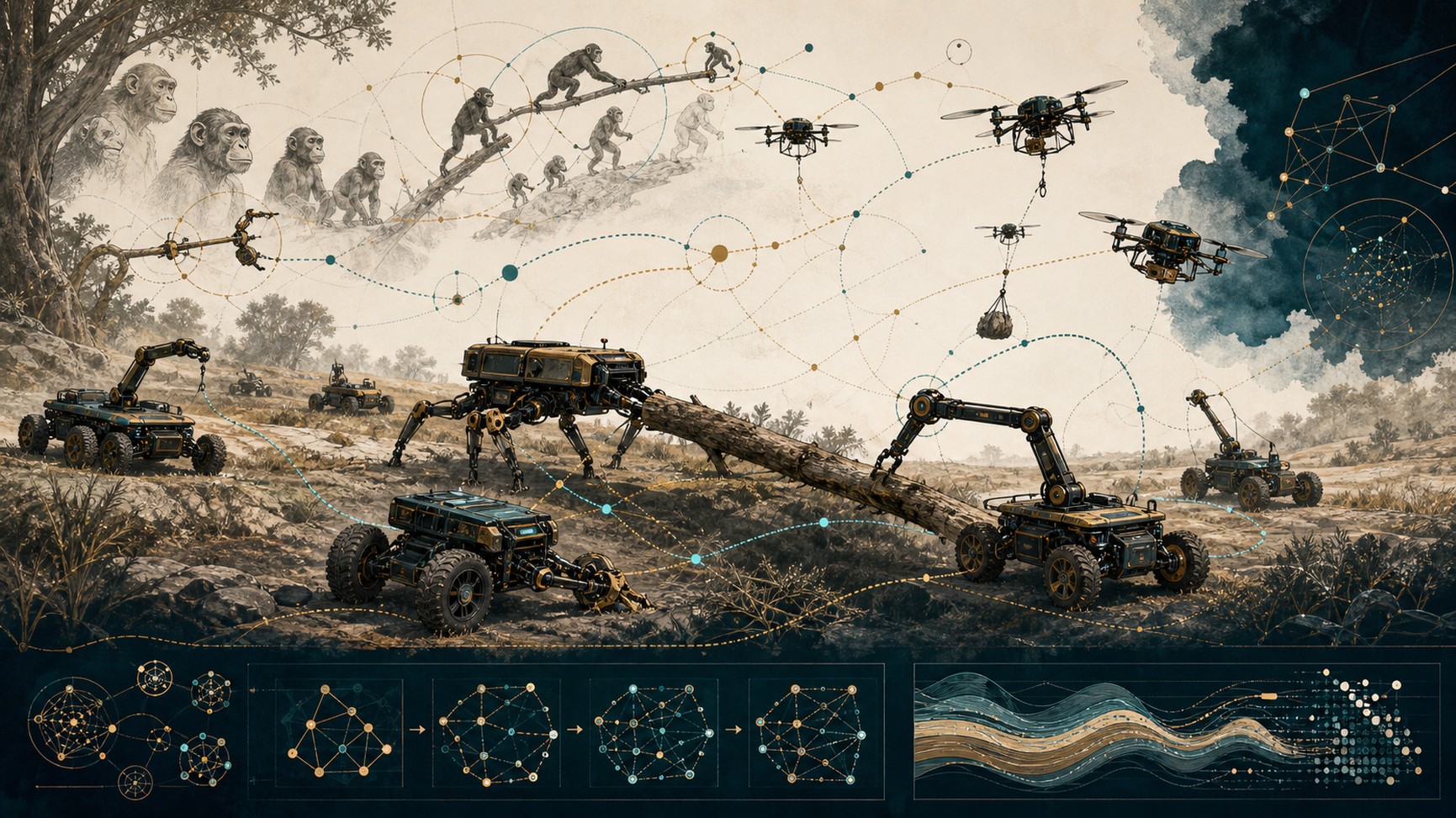 A 2026 study proposed a primate-inspired architecture that selects and combines strategies for heterogeneous robots. “Emergence” here is an engineered search process, not spontaneous consciousness.