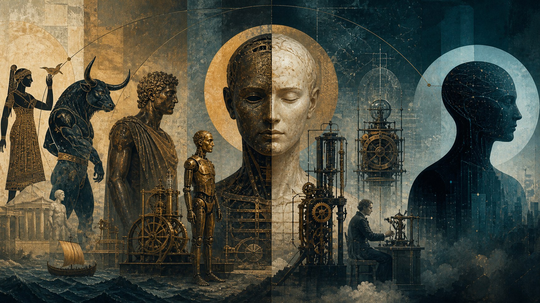 An ancient bronze automaton, a mechanical theater and a modern circuit joined as a historical continuum—not a claim of ancient computers.