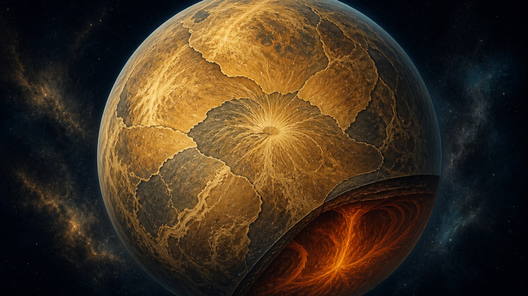 Editorial view of a radar-mapped Venus, with lowland crustal blocks gathered around a broad mantle upwelling.