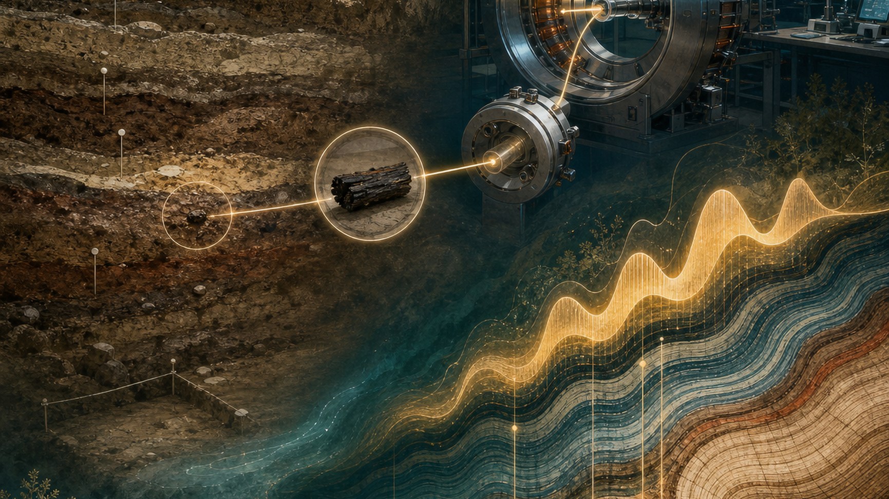 Ilustración editorial que evoca las capas de un corte estratigráfico: sedimentos de colores distintos descienden hacia la oscuridad, mientras líneas de calibración ascienden hacia la luz.