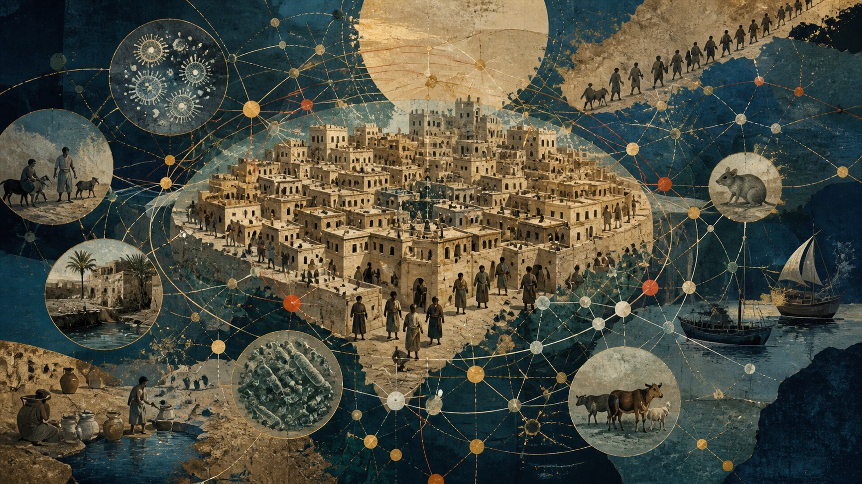An early city mapped as overlapping networks of water, trade, animals, households and infection.