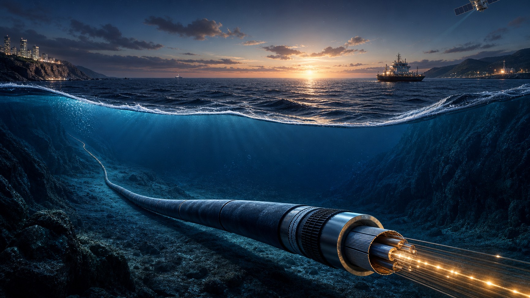 La mayoría de datos intercontinentales viaja como luz por fibra óptica en el fondo marino. Los satélites son importantes, pero no llevan la mayor parte del tráfico ordinario.