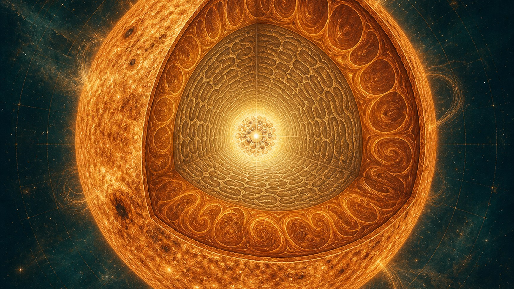 Ilustración editorial que evoca la superficie solar: arcos de plasma y granulación fotosférica representados como abstracción cromática. No es imagen observacional ni diagrama de medición.