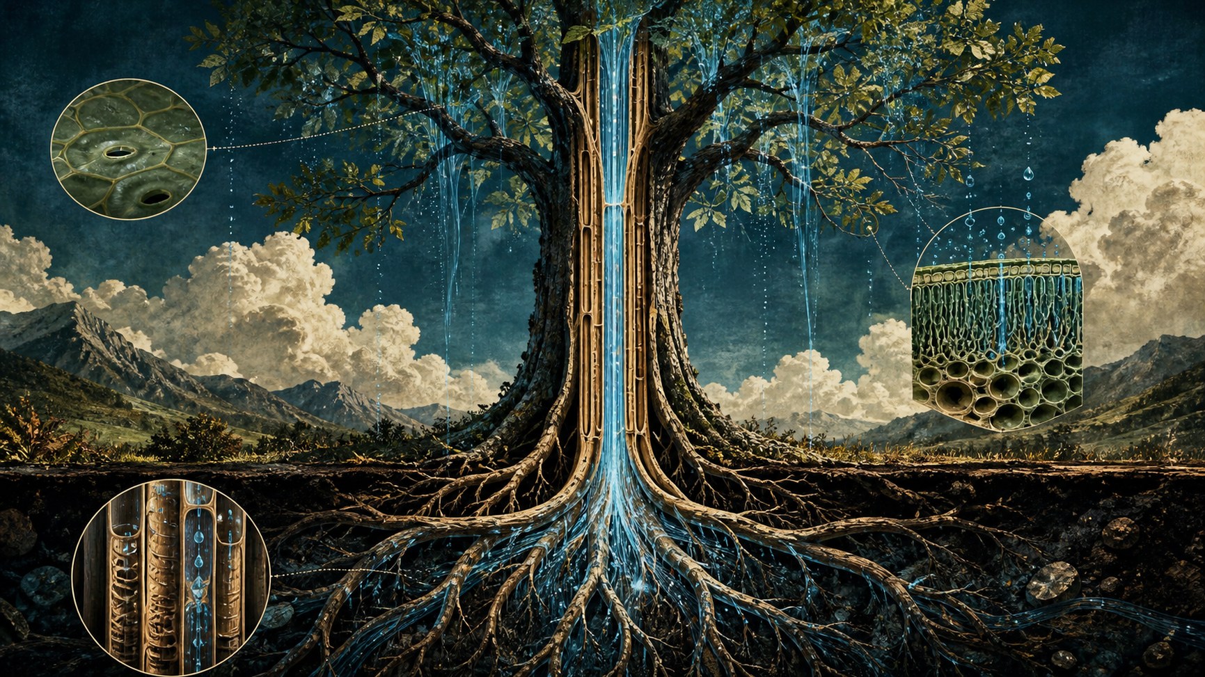 Árbol como columna hidráulica entre suelo húmedo y hojas evaporantes.