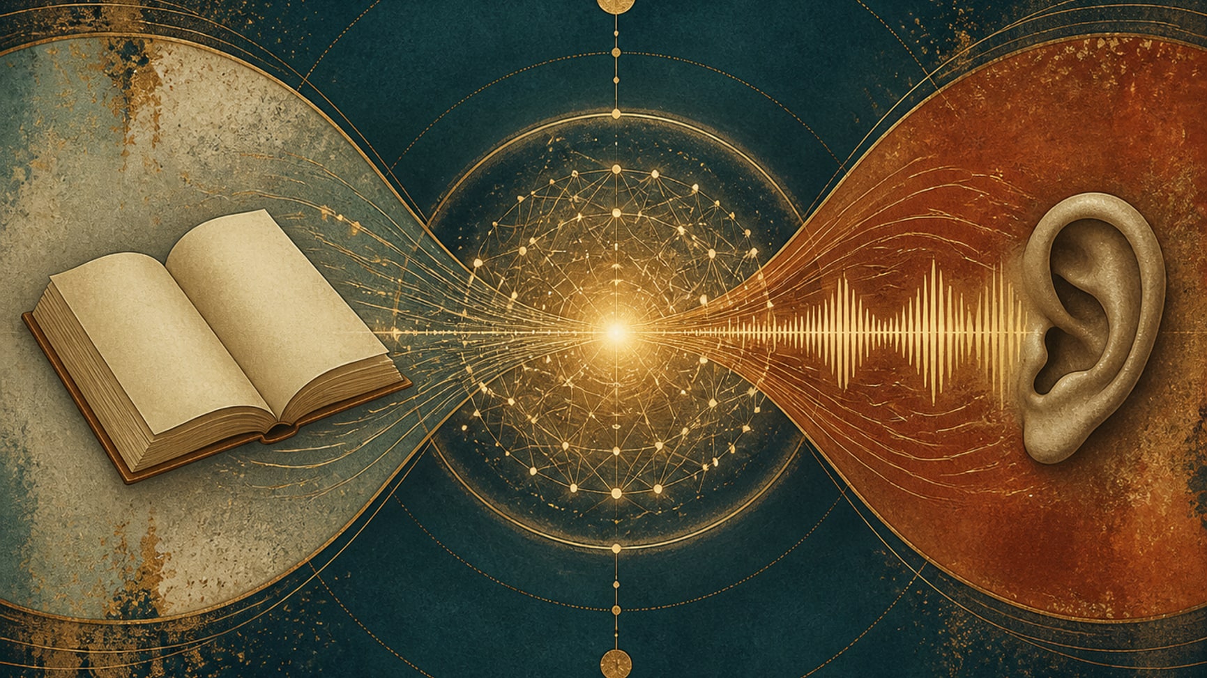 Editorial convergence of a blank book and a sound wave into a shared meaning network. It is not a brain scan.