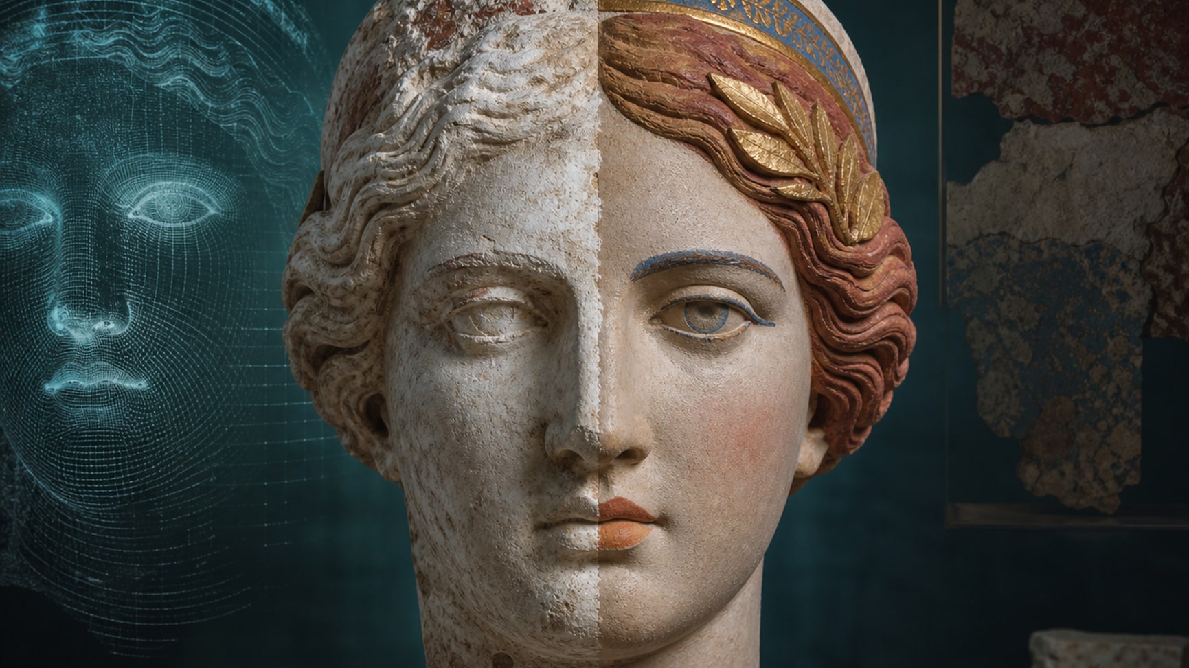 Escena editorial de conservación con rastros y reconstrucción limitada; no es fotografía antigua.