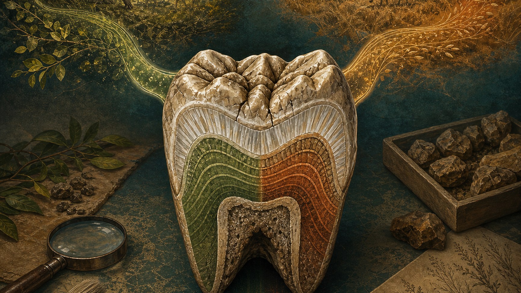 Ilustración editorial que muestra el flujo de señales isotópicas desde plantas C3 y C4 a través de herbívoros y homínidos hasta el esmalte dental fosilizado.
