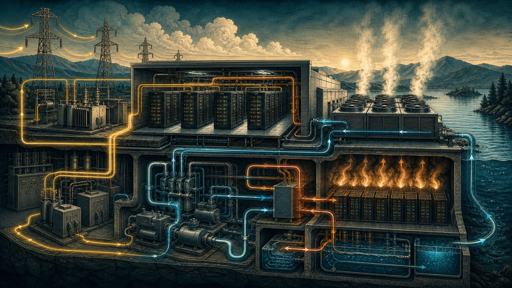 El cálculo de IA ocurre en chips físicos. La electricidad alimenta operaciones y equipos; el agua puede retirar calor o intervenir en generar esa electricidad.