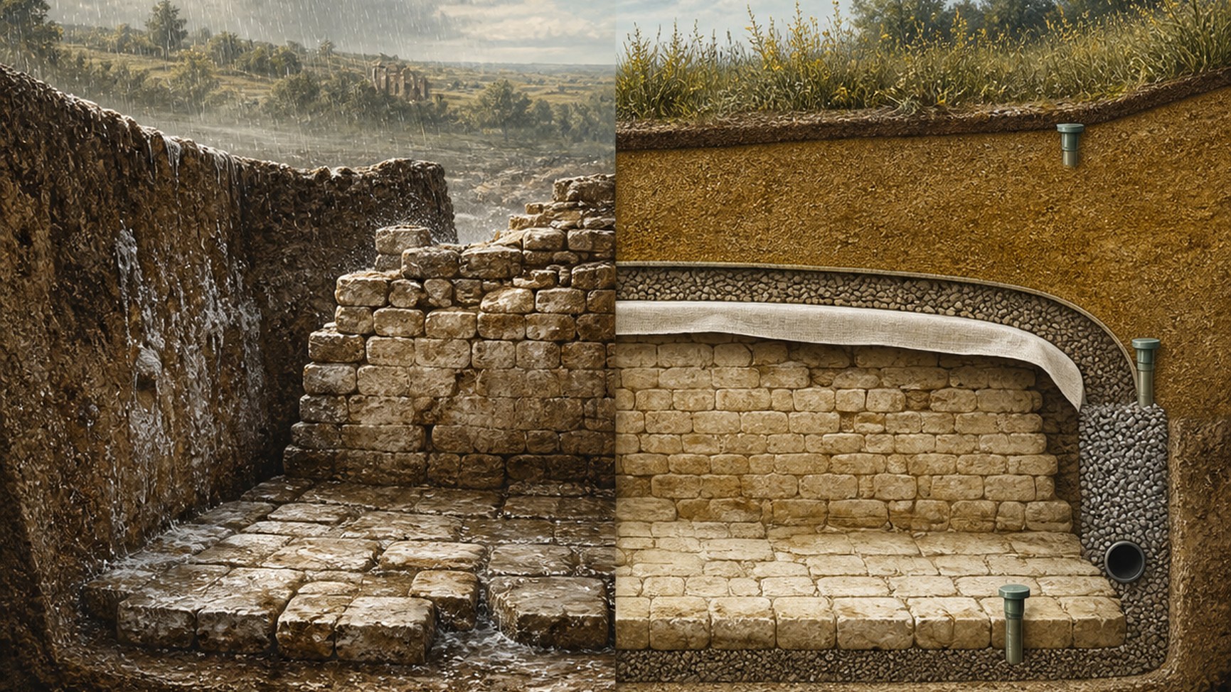 Coupe schématique comparant un vestige laissé à l'air libre et un vestige réenfoui selon les protocoles actuels. Les flèches indiquent les trajets de l'humidité, des sels, des variations thermiques et des charges mécaniques.