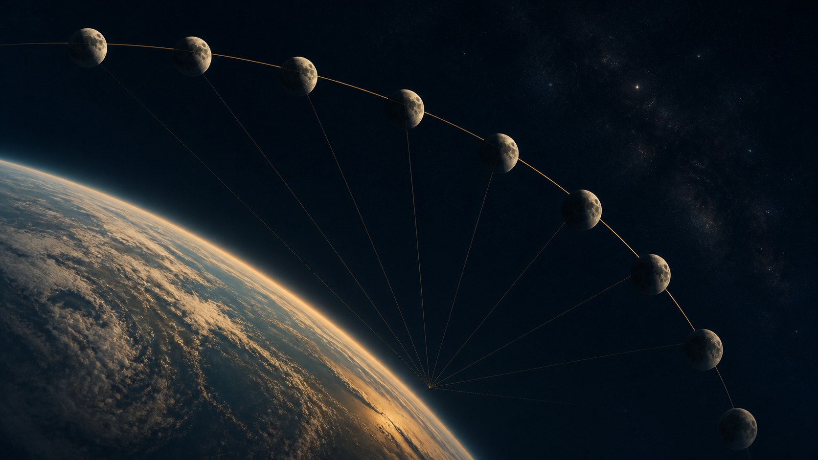 Editorial sequence of successive Moon positions. The repeated Moons show motion through time; the construction lines point toward Earth and are not measured trajectories.