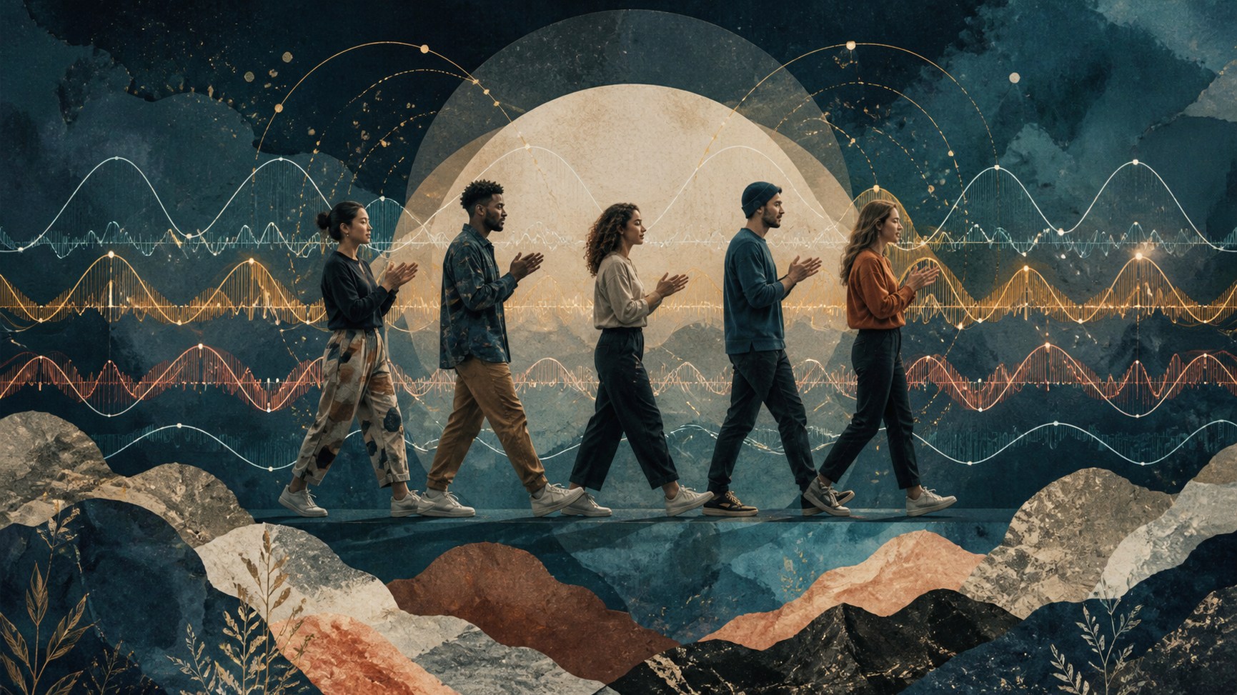 A circle of moving figures linked by pulses that gradually align.