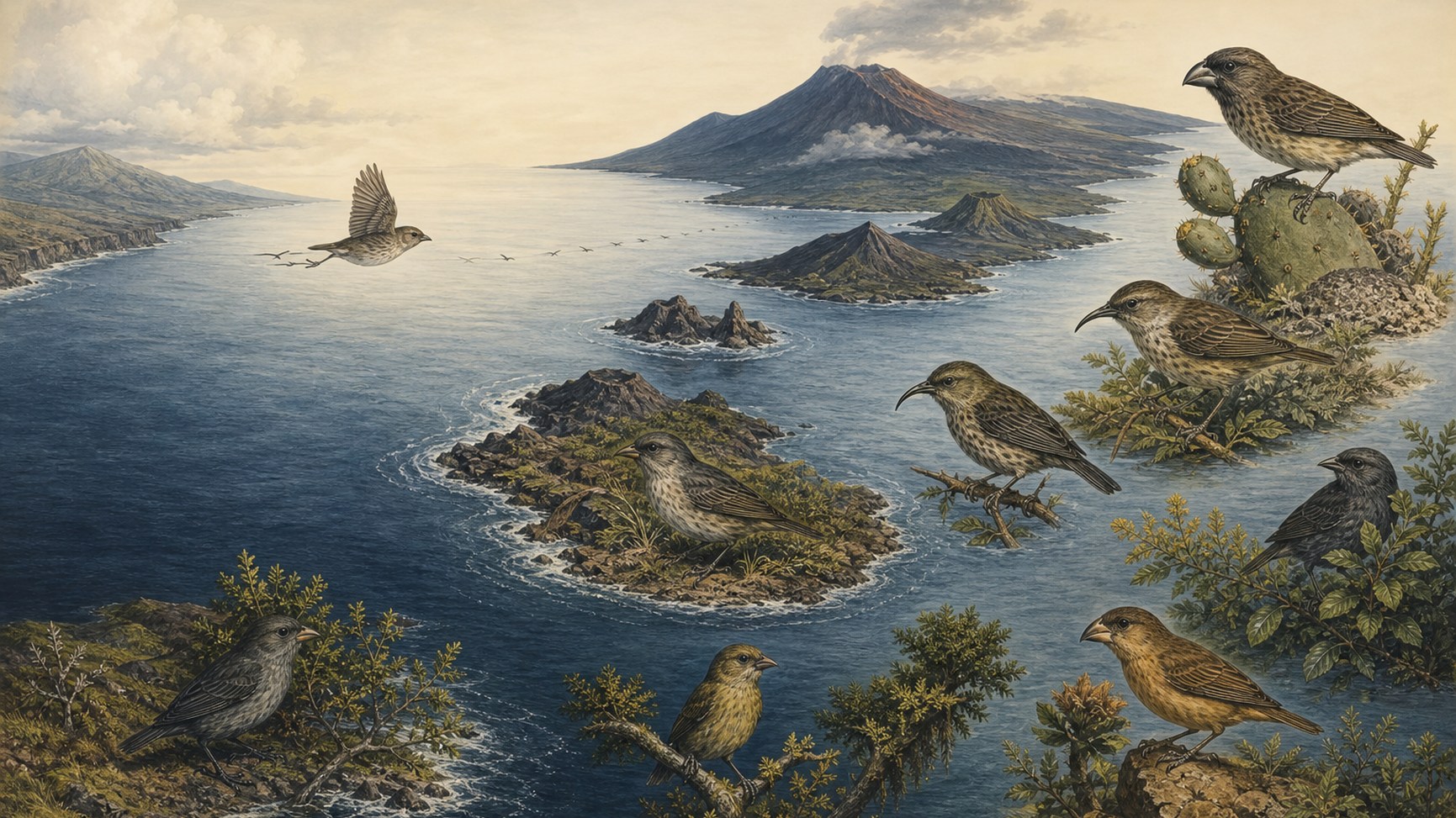 A rare colonist reaches a volcanic archipelago, where descendant populations diverge among separate habitats and islands.