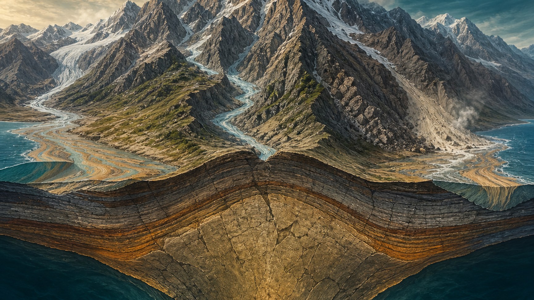 Vue en coupe schématique d'une chaîne de montagnes : la racine crustale plonge dans le manteau tandis que des flèches distinctes indiquent la poussée tectonique vers le haut, l'ablation de surface vers le bas, et la remontée isostatique compensatrice.