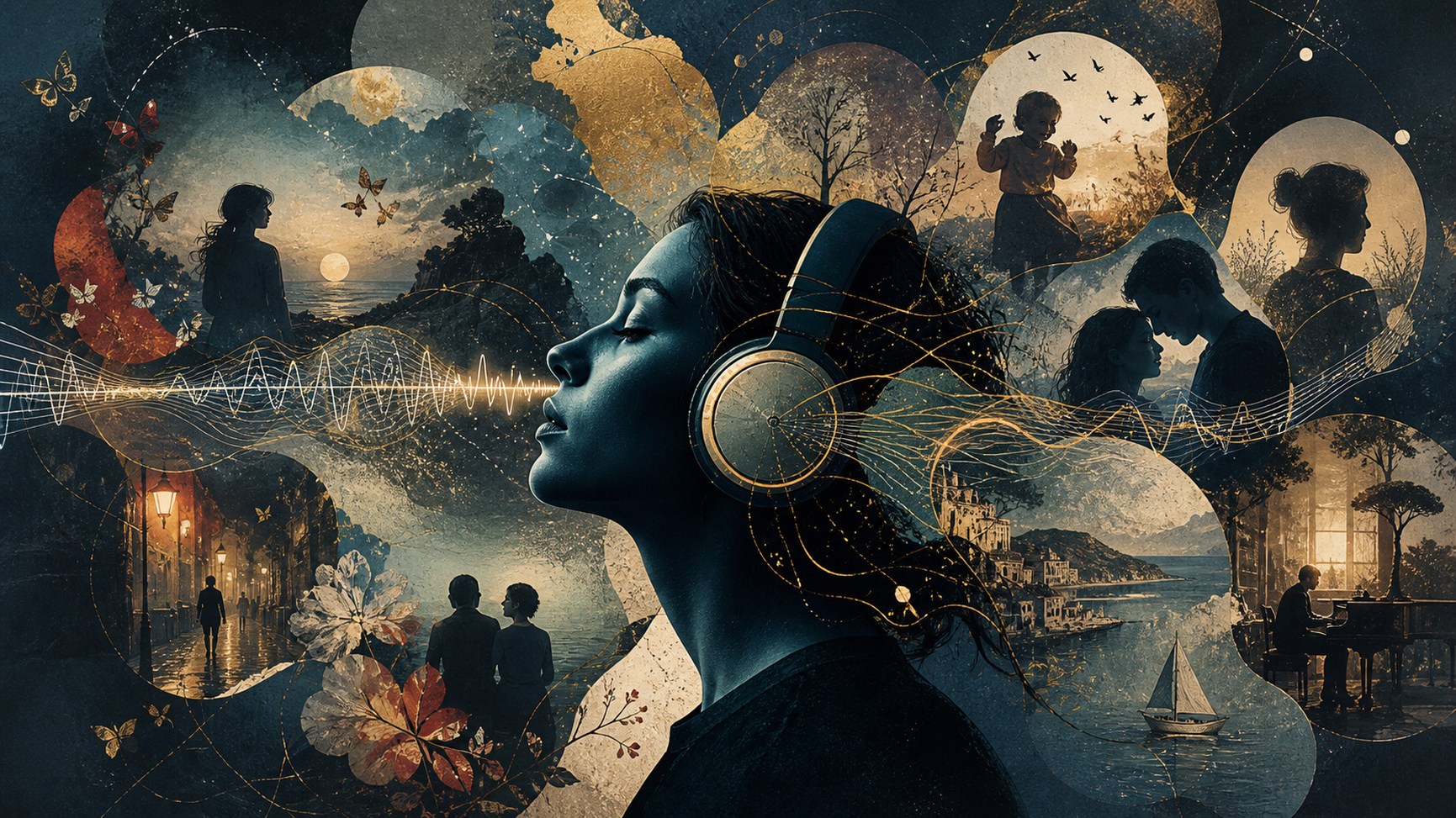 A listening figure surrounded by overlapping musical, emotional and autobiographical traces.