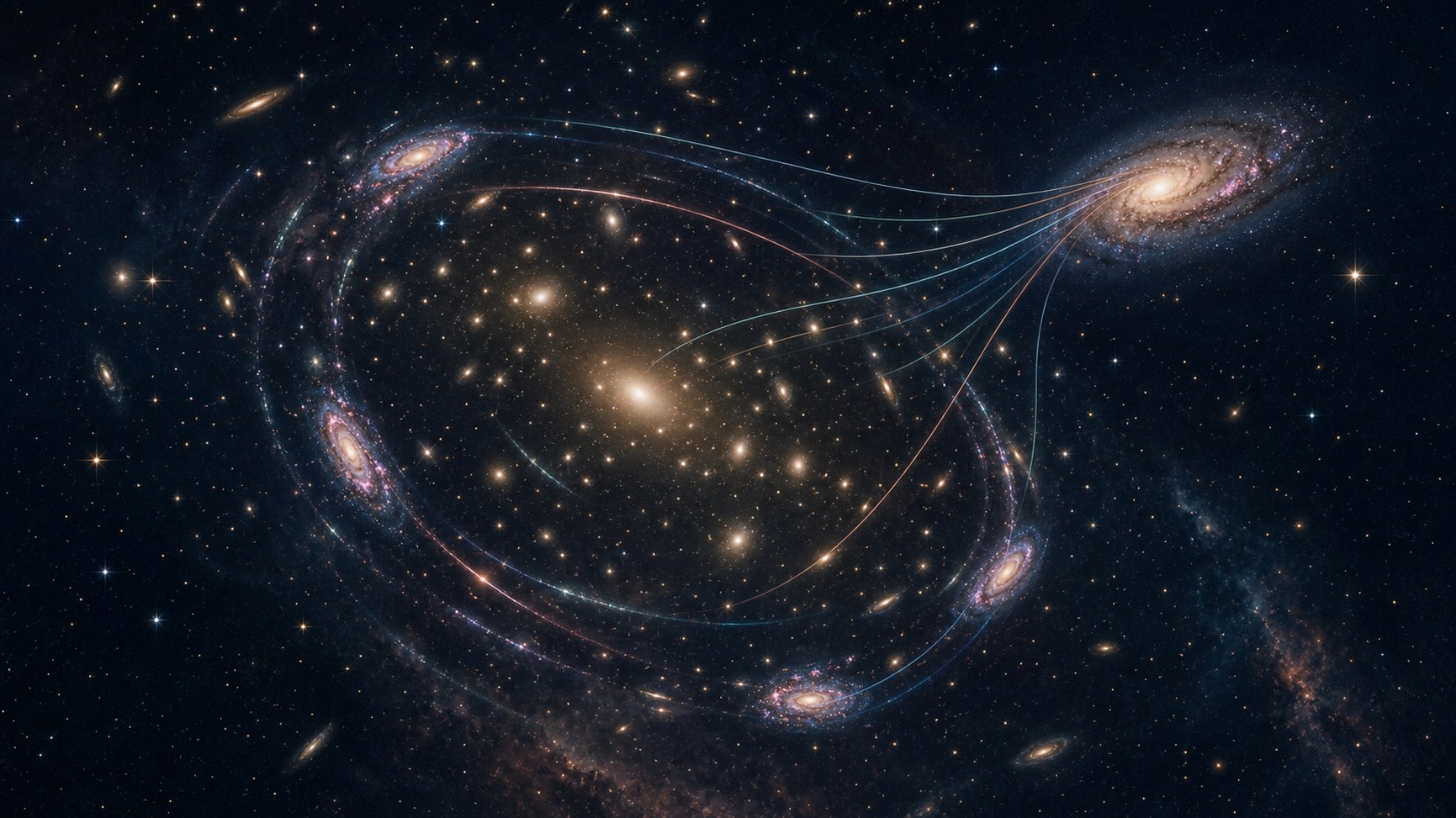 Un cúmulo frontal produce arcos e imágenes múltiples de una galaxia remota.