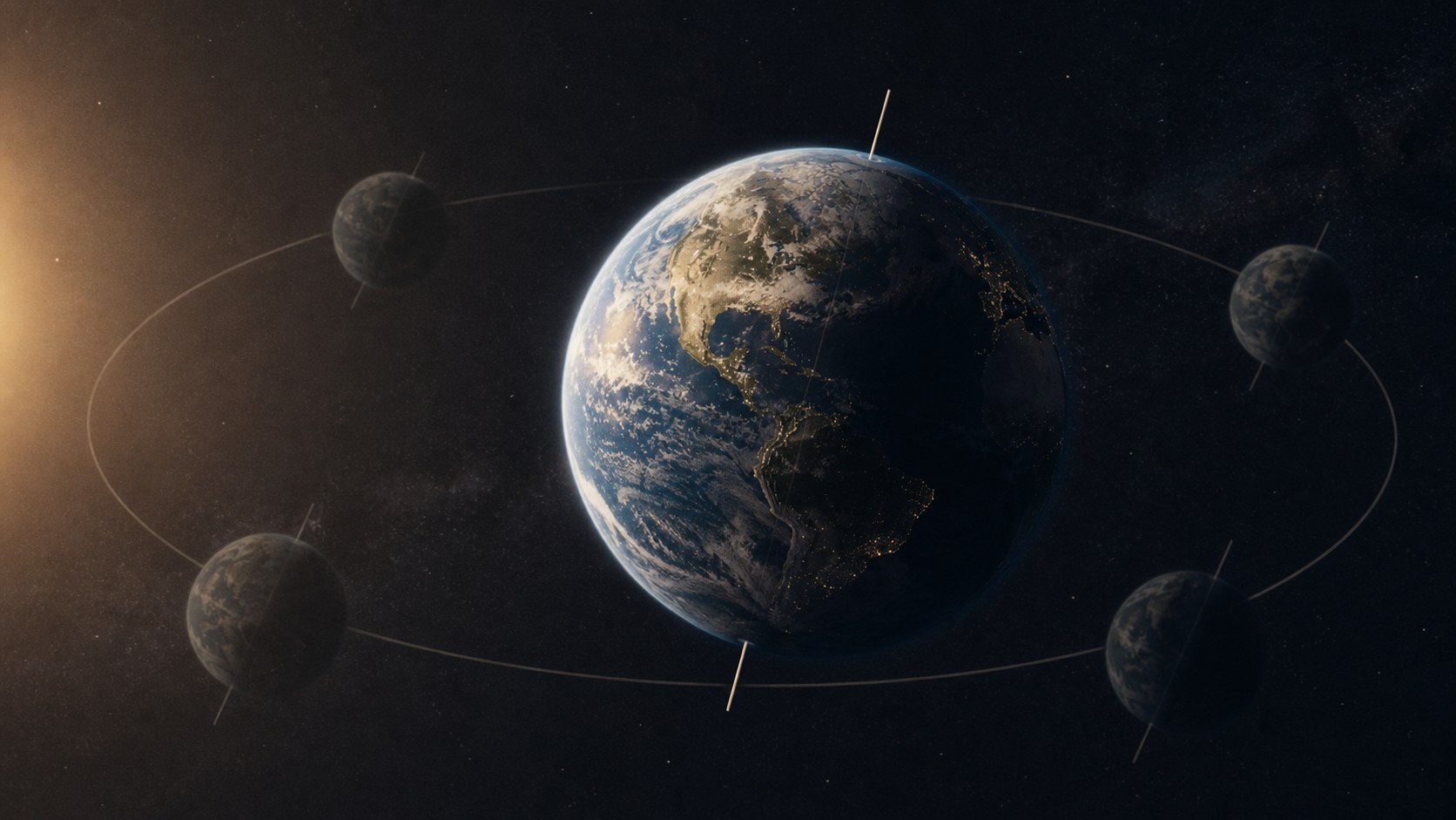 Editorial interpretation of Earth carrying a nearly fixed axial direction around the Sun. The repeated globes are conceptual, not simultaneous planets.