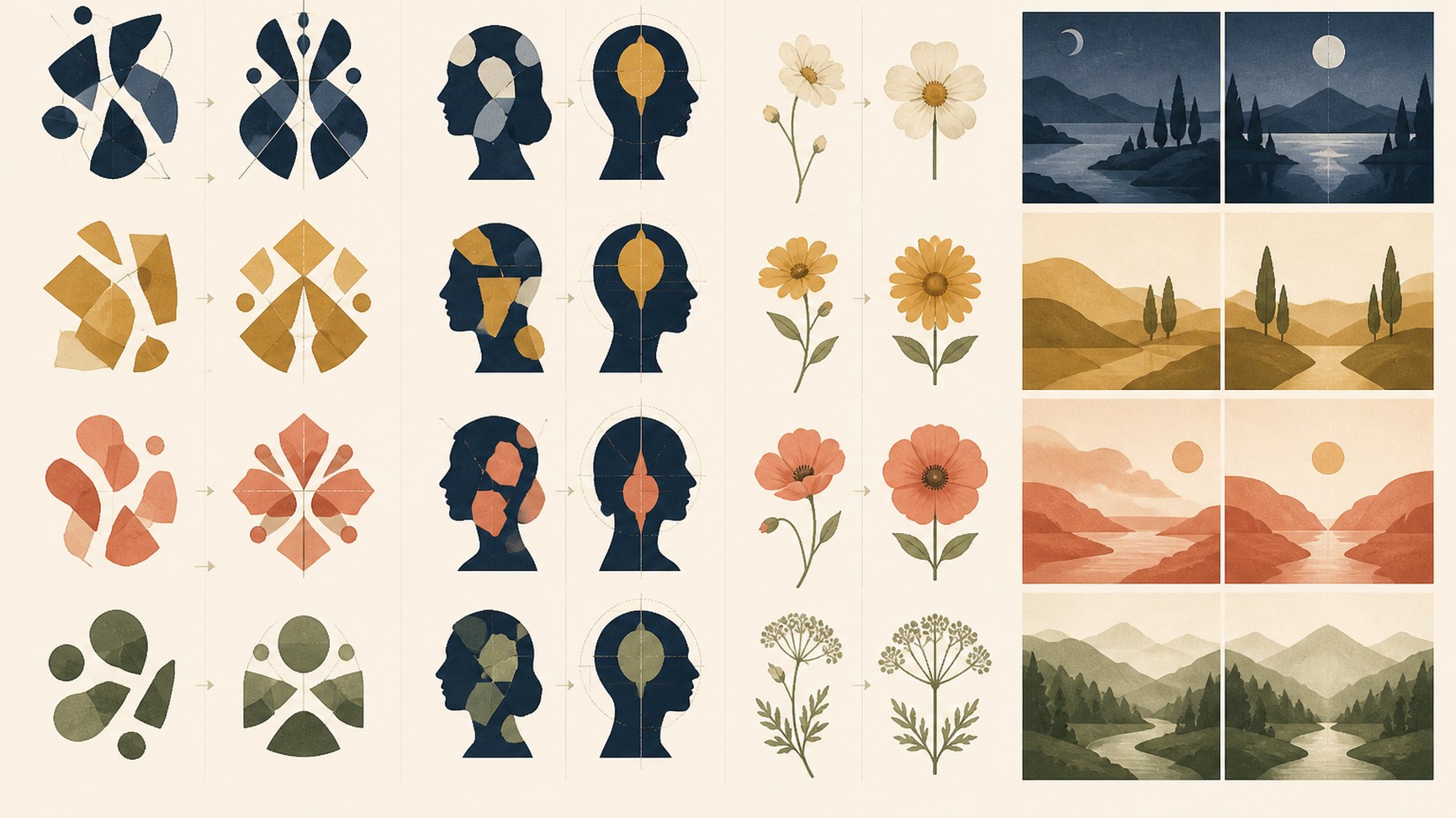 Symmetry is compared across abstract forms, faces, flowers and landscapes, where the same transformation does not create the same response.