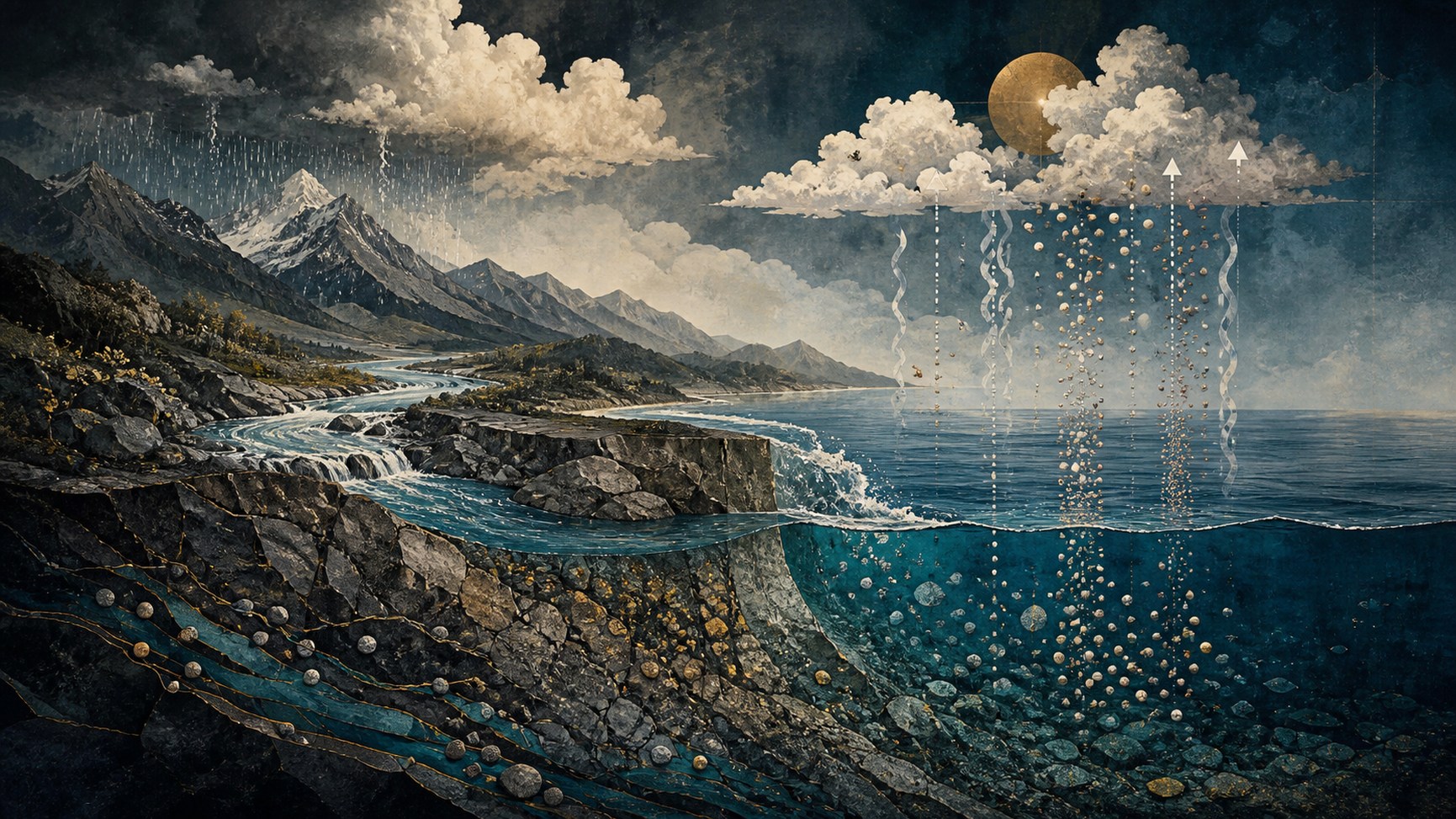 A watershed-to-ocean salt cycle with evaporation lifting water while ions remain.