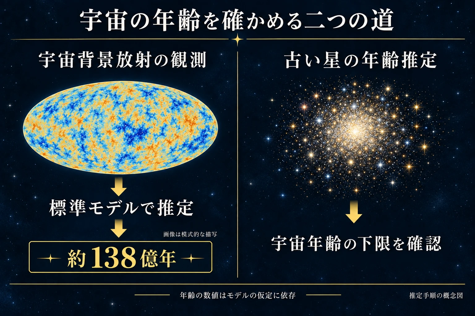 宇宙マイクロ波背景放射からのモデル依存の年齢推定と、古い星団の年齢による下限・整合性の検討を並べた概念図