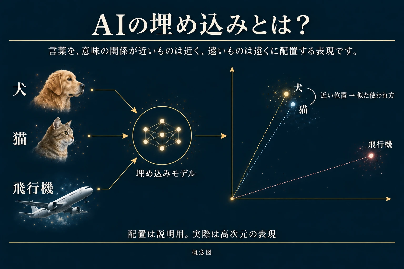 言葉から埋め込みモデルを経て、近い用法の語が近い位置に置かれる概念を示す。2次元は説明用。