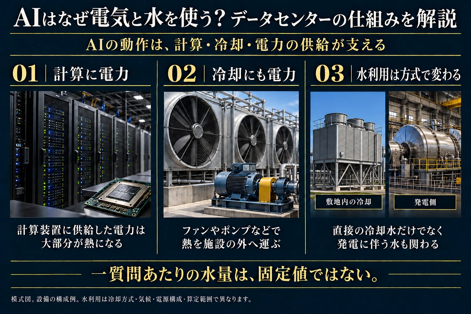 計算装置の電力、ファンやポンプの冷却用電力、冷却方式と発電方式で変わる水利用を示す設備例の概念図
