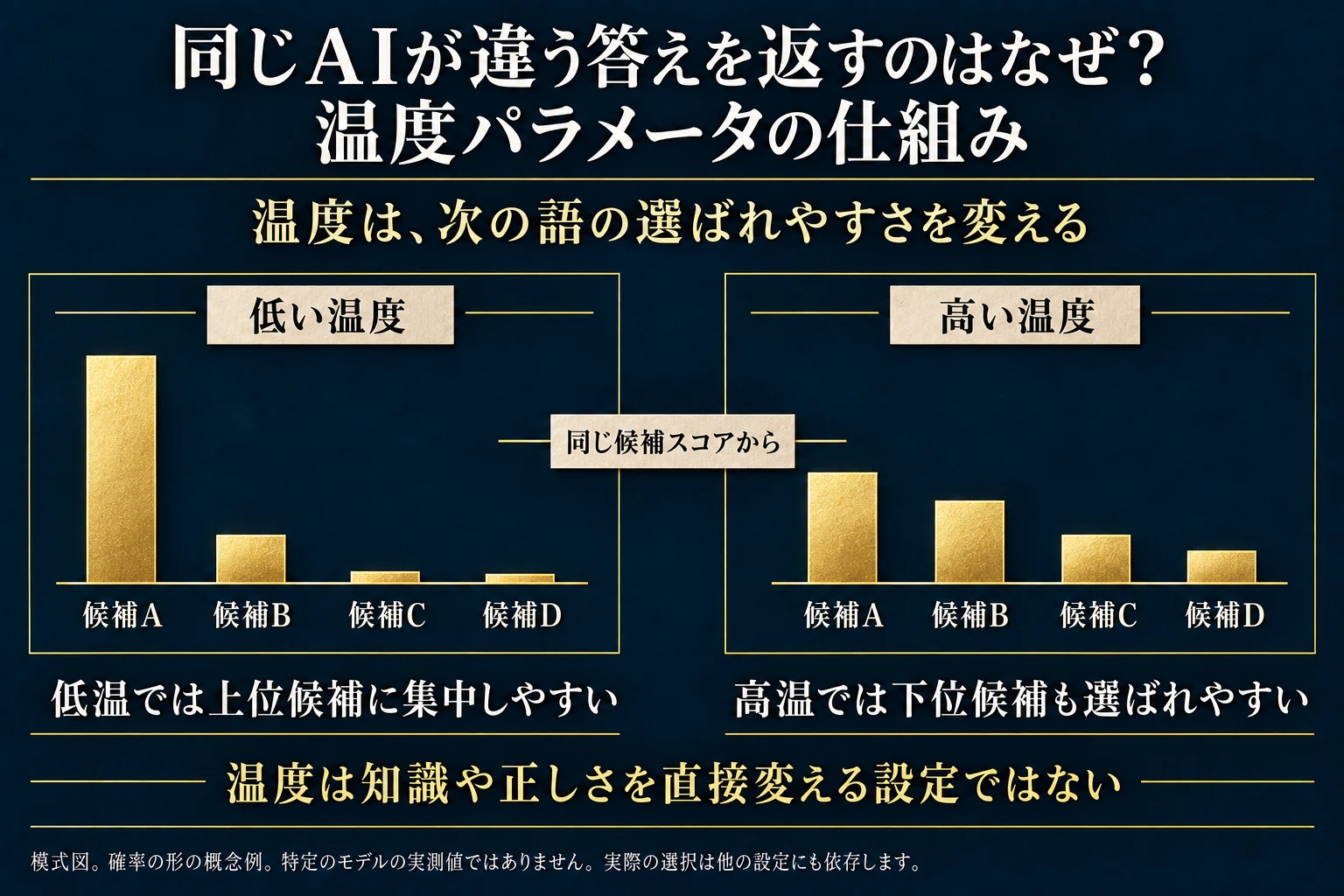 同じ候補スコアで温度を変えた場合の確率分布の傾きを示す概念棒図