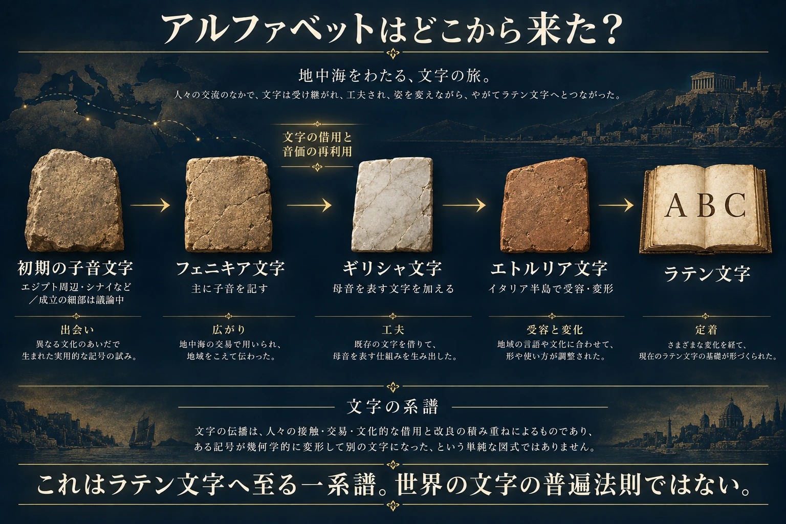 西方系アルファベットの歴史的な系譜を大まかな流れで整理した概念図