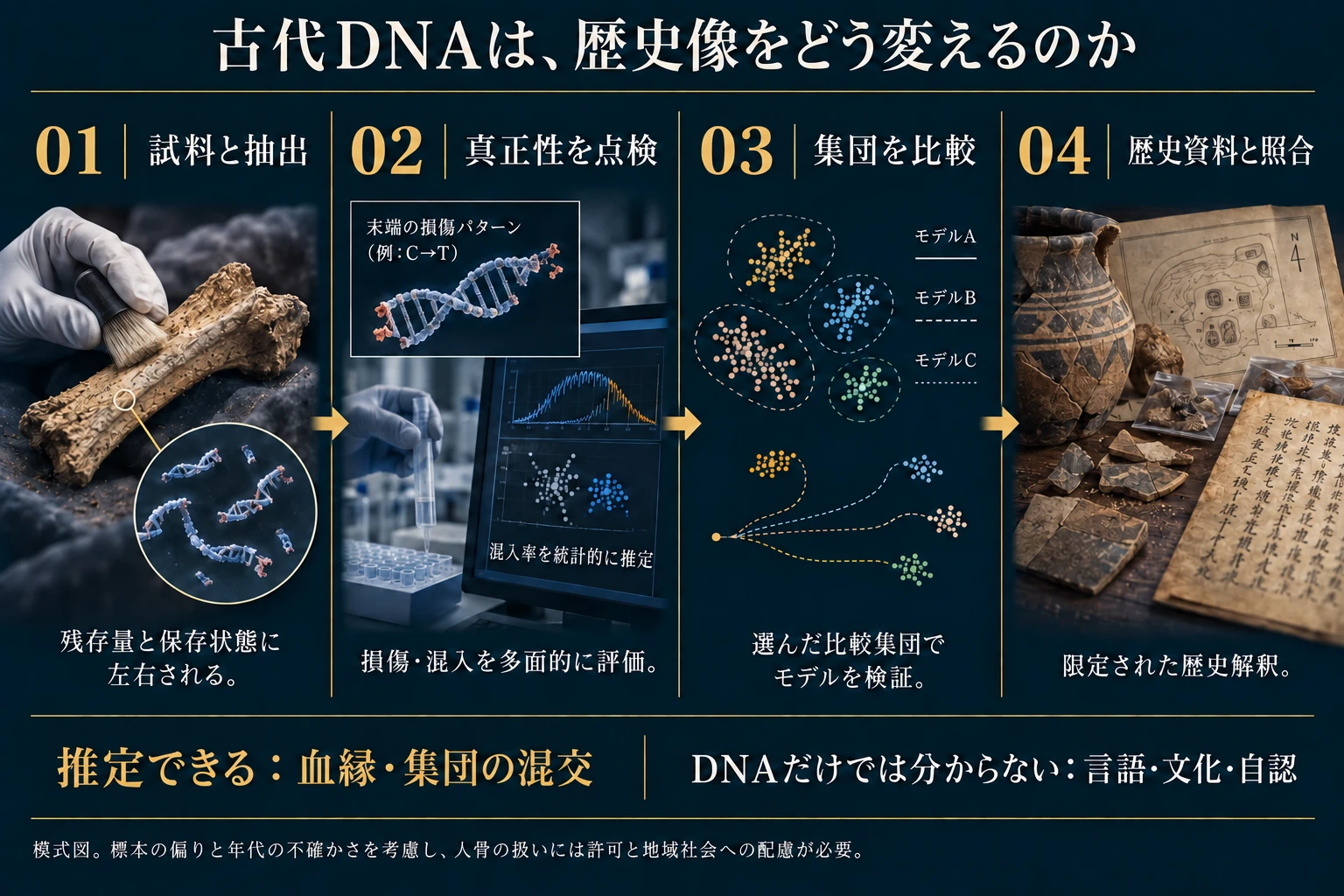 骨試料から断片DNAを抽出し、損傷と混入を多面的に点検、比較集団を選んでモデルを検証したうえで、遺物や年代と照合する4段階の証拠の階段。