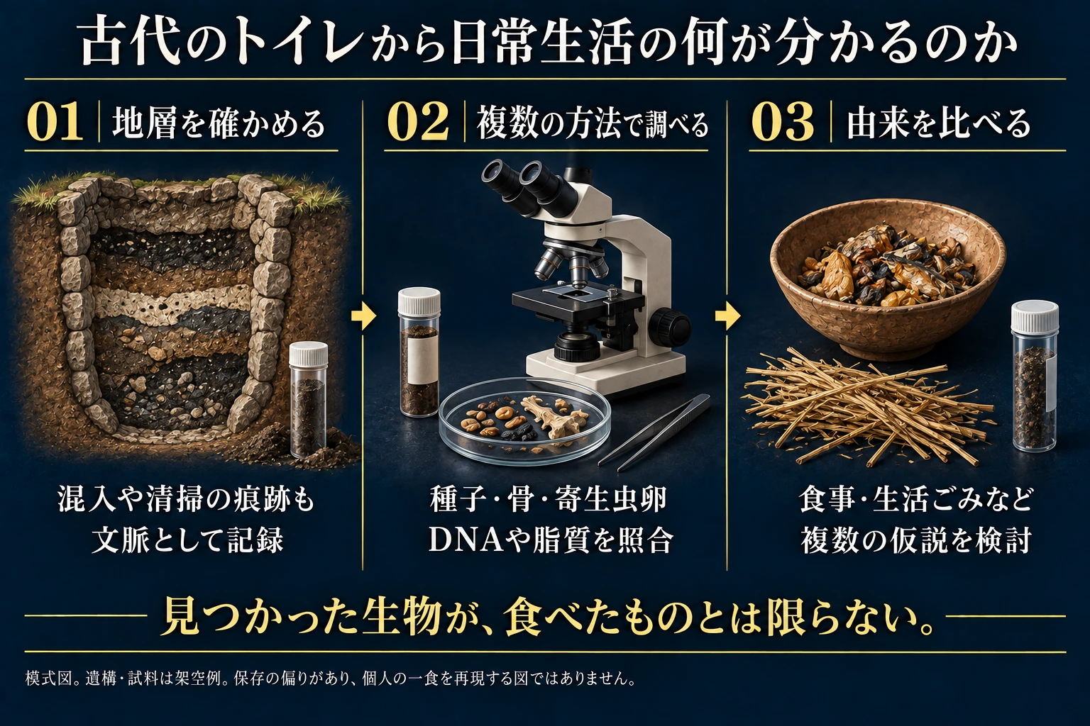 便所堆積物の資料を記録し、複数の方法で分析して解釈する工程を示す模式図