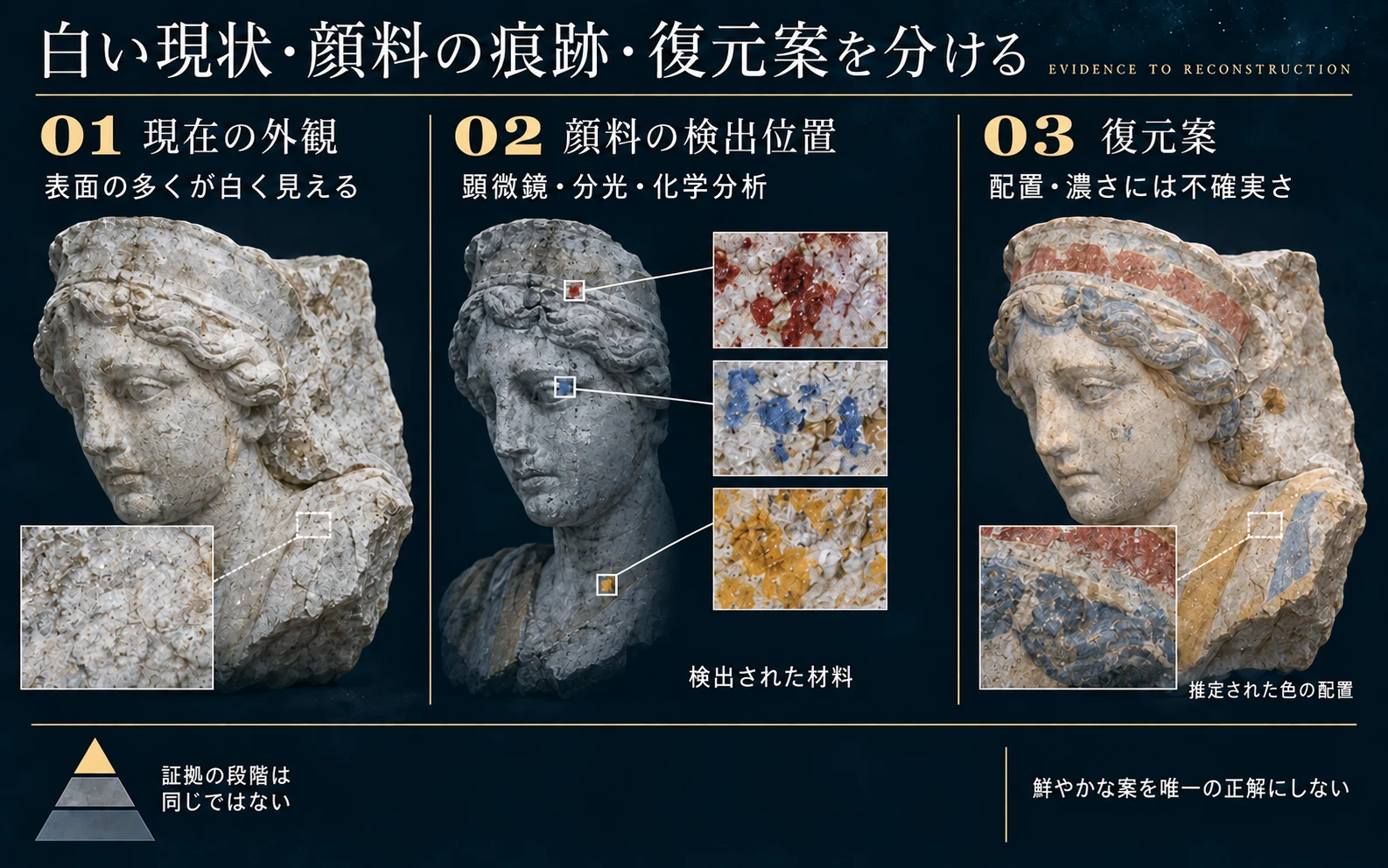 白く見える古代彫像、顔料の痕跡を調べる段階、色の復元案を並べた模式図