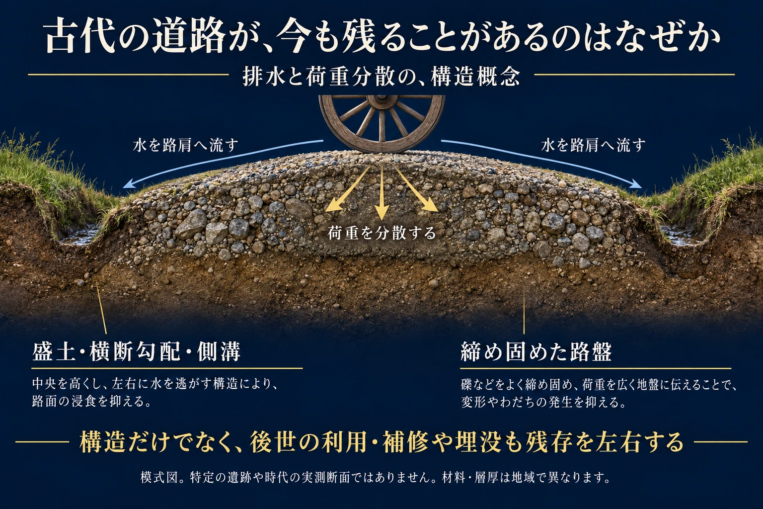 盛土の排水と路盤の荷重分散を示す架空の古代道路断面模式図