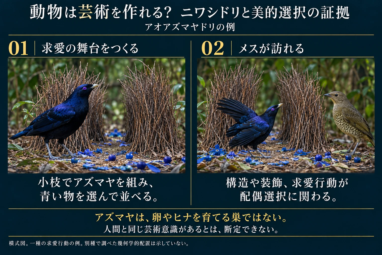 アオアズマヤドリが青い物を飾ったアズマヤで求愛する様子を示す生成模式図