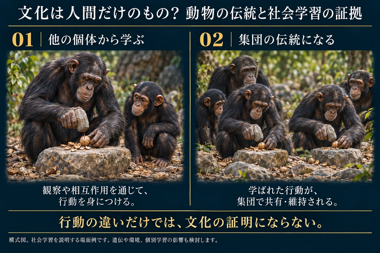 チンパンジーが他の個体の行動を見て学び、行動が集団に広がる可能性を示す模式図