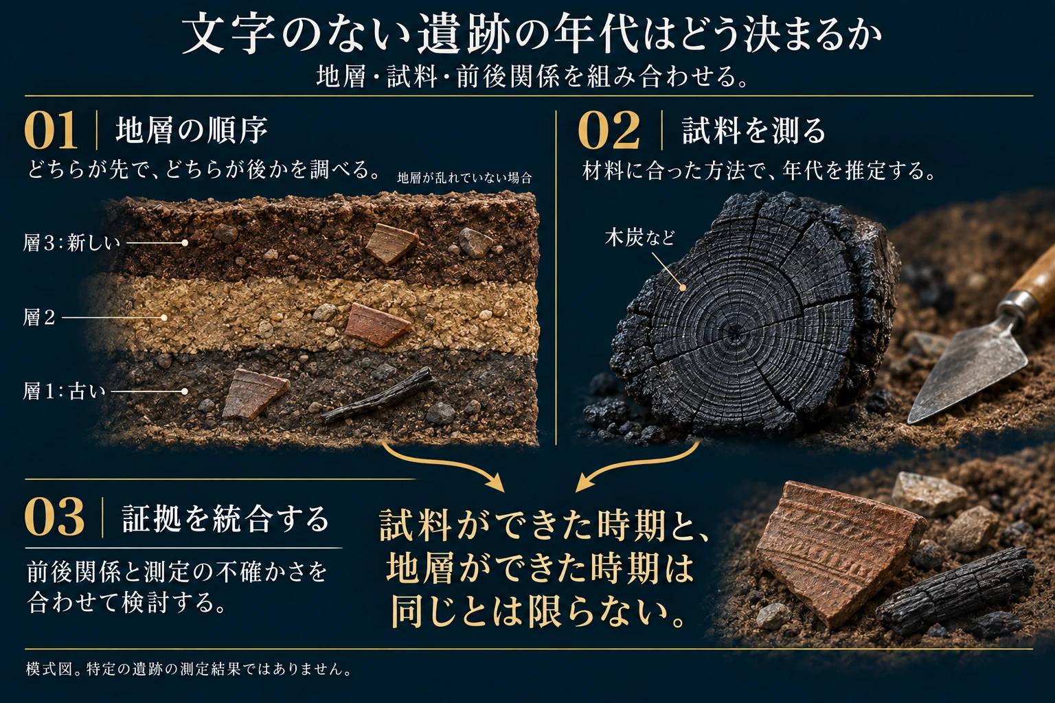 乱れていない地層では下層が古く上層が新しい、という順序を調べます。木炭などの試料には材料に合った年代測定法を用い、地層の前後関係と測定の不確かさを合わせて検討します。