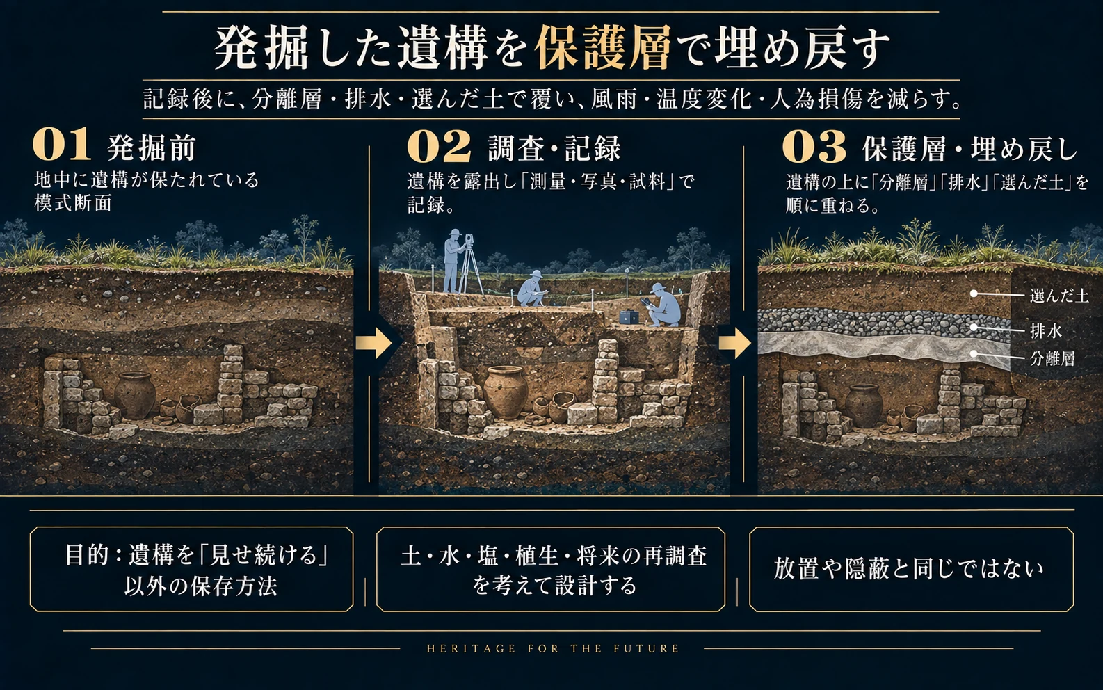 発掘前、調査と記録、保護層を設けた埋め戻しの三段階を示す遺構の模式断面