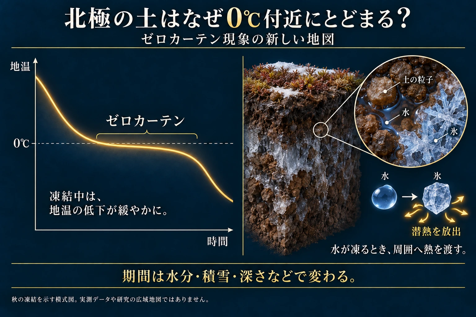 土壌水が氷になる際の潜熱放出が地温低下を緩和する。