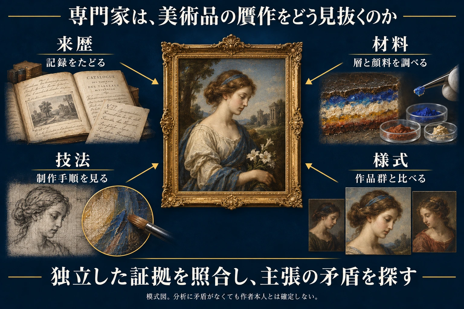架空の絵画を中心に、歴史的記録、絵の具層と顔料、下描きや制作手順、基準作との様式比較という四つの独立した視点を並列に示す。単一の科学検査や多数決で真贋を決める図ではない。材料に矛盾がなくても特定の作者本人の制作を証明することはできない。