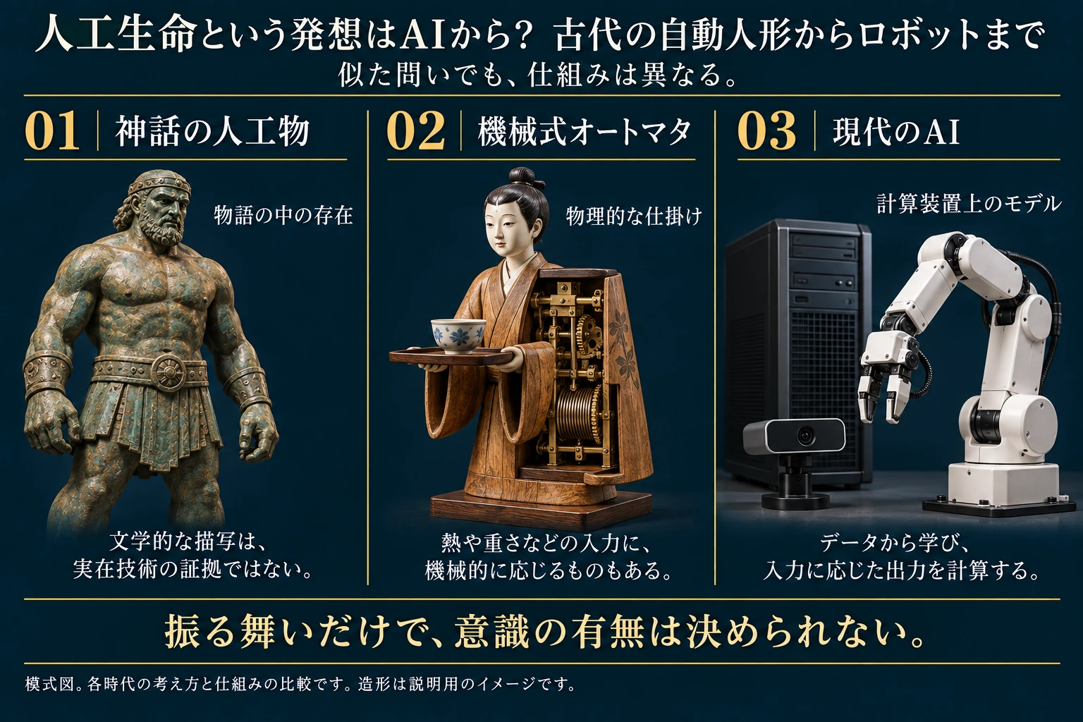 神話の人工物、機械式オートマタ、現代のAIの三つの考え方と仕組みを比較する模式図