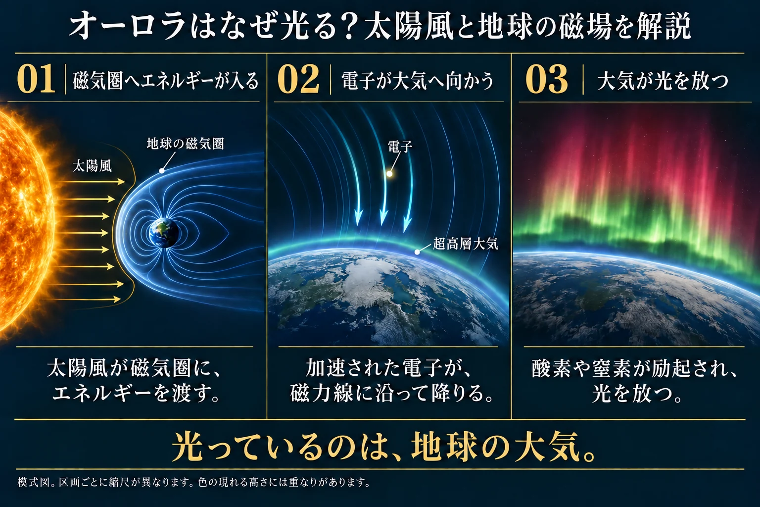 太陽風から磁気圏へのエネルギー供給、電子の加速と移動、酸素や窒素によるオーロラ発光を分けた模式図