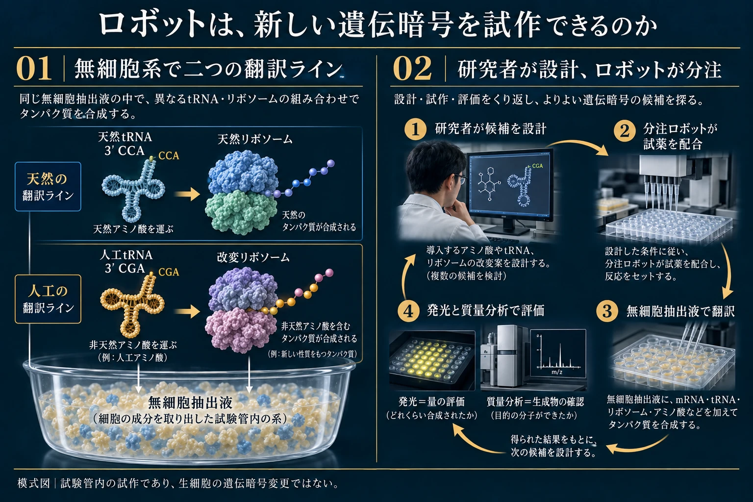天然・改変翻訳系と研究者の設計からロボット分注・無細胞翻訳・評価までを簡潔に示す図