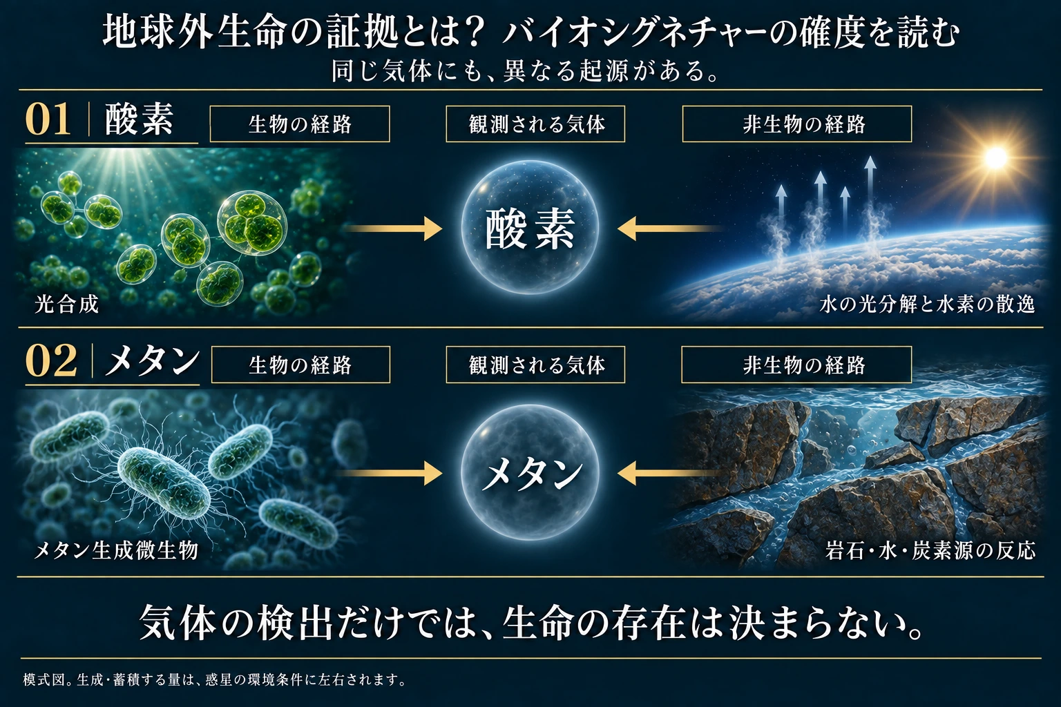 酸素は光合成のほか、水の光分解と水素の散逸を通じても蓄積しうる。メタンは微生物のほか、岩石と水の反応で生じた水素と炭素源からも生成しうる。