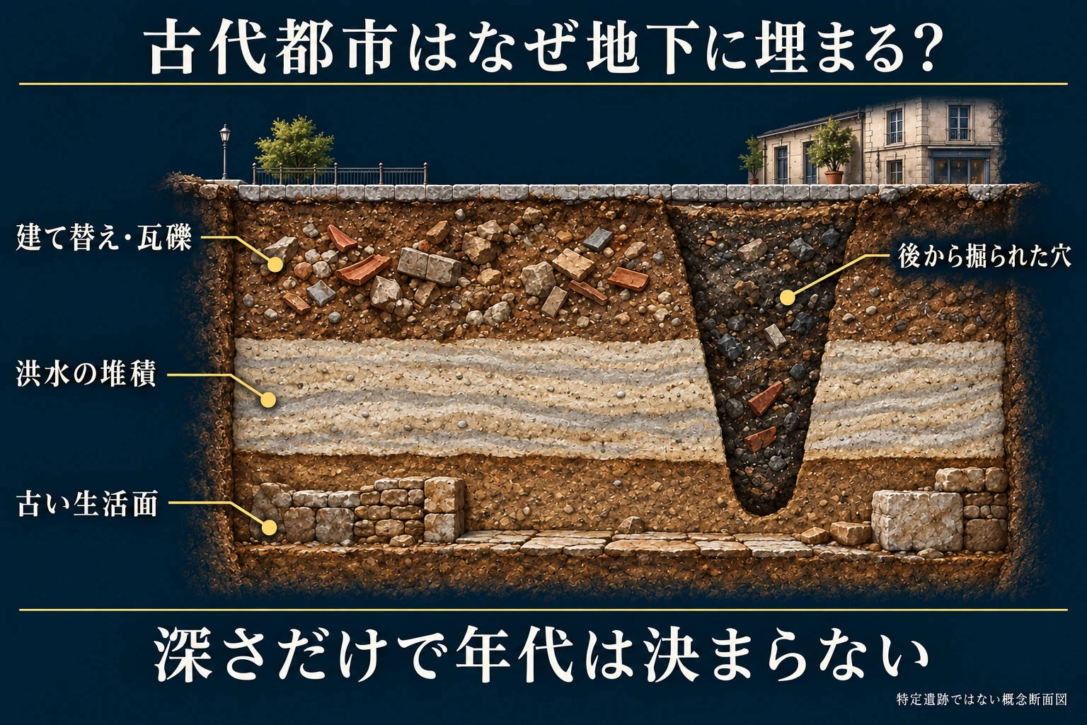 建て替え・洪水堆積・古い生活面の累重と、後代の掘り込みを示す架空の概念断面図。