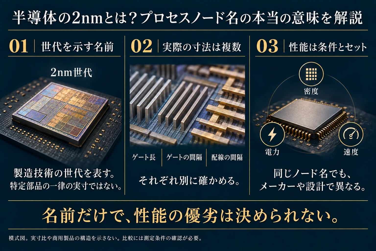 2nmなどのプロセスノード名、個別に測る半導体寸法、条件付きの性能指標の違いを示す三段階の模式図
