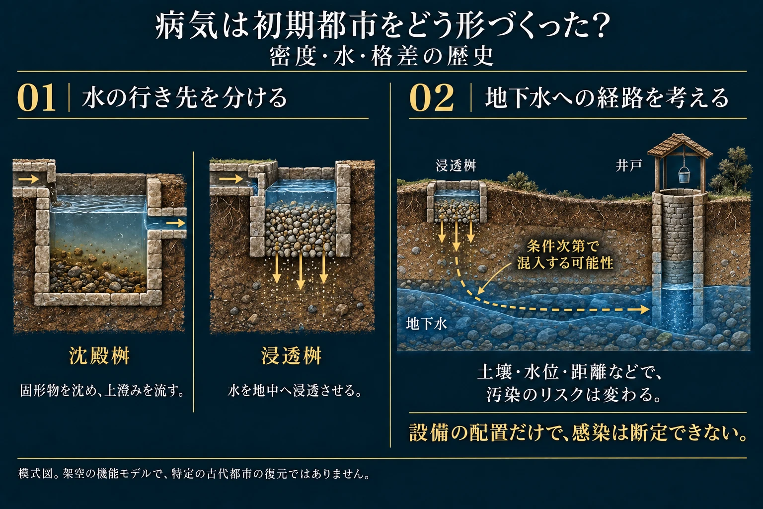 沈殿桝と浸透桝の違い、および条件付きで地下水を経て井戸に水が届き得る経路を示す模式図