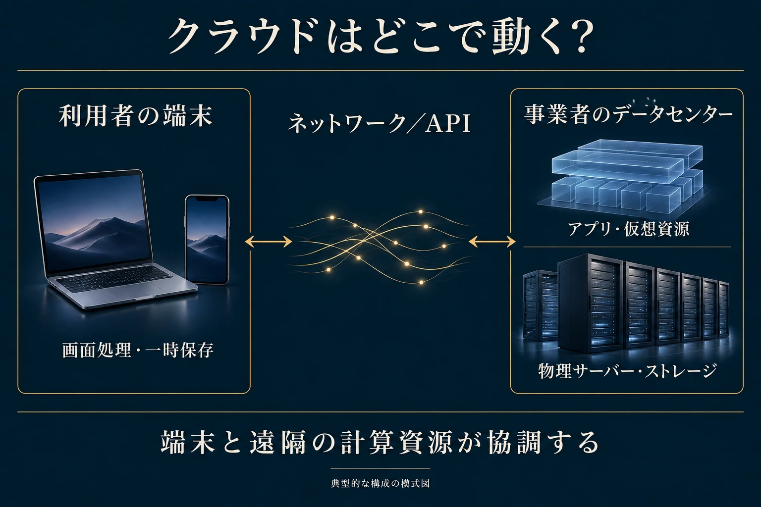 端末・ネットワーク・遠隔データセンターの協調と、仮想資源／物理設備の階層を示す構成例。