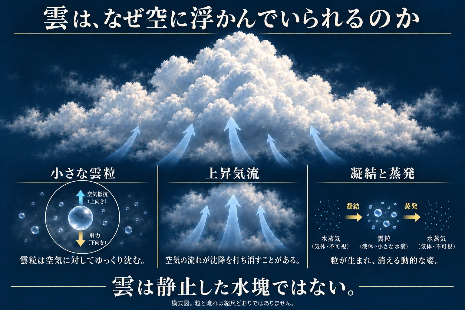 水滴に働く力、上昇気流、凝結と蒸発を分けて示す雲の模式図