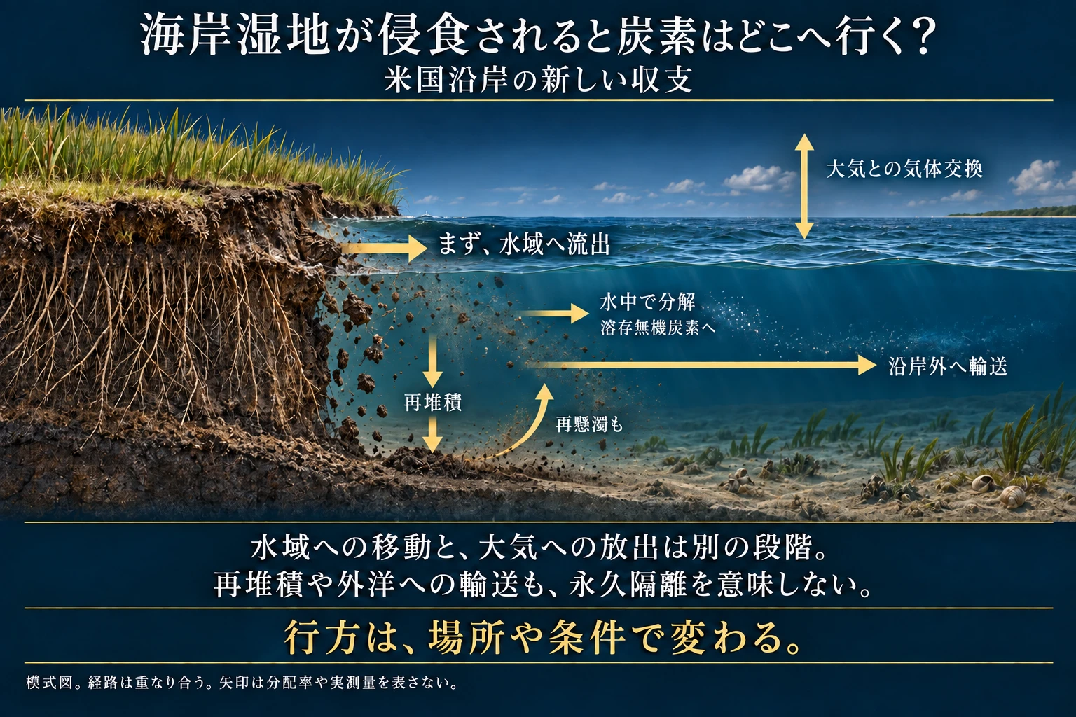 海岸湿地の侵食による水域への炭素移動と、再堆積・分解・沿岸外輸送など考えられる後続過程を示す模式図
