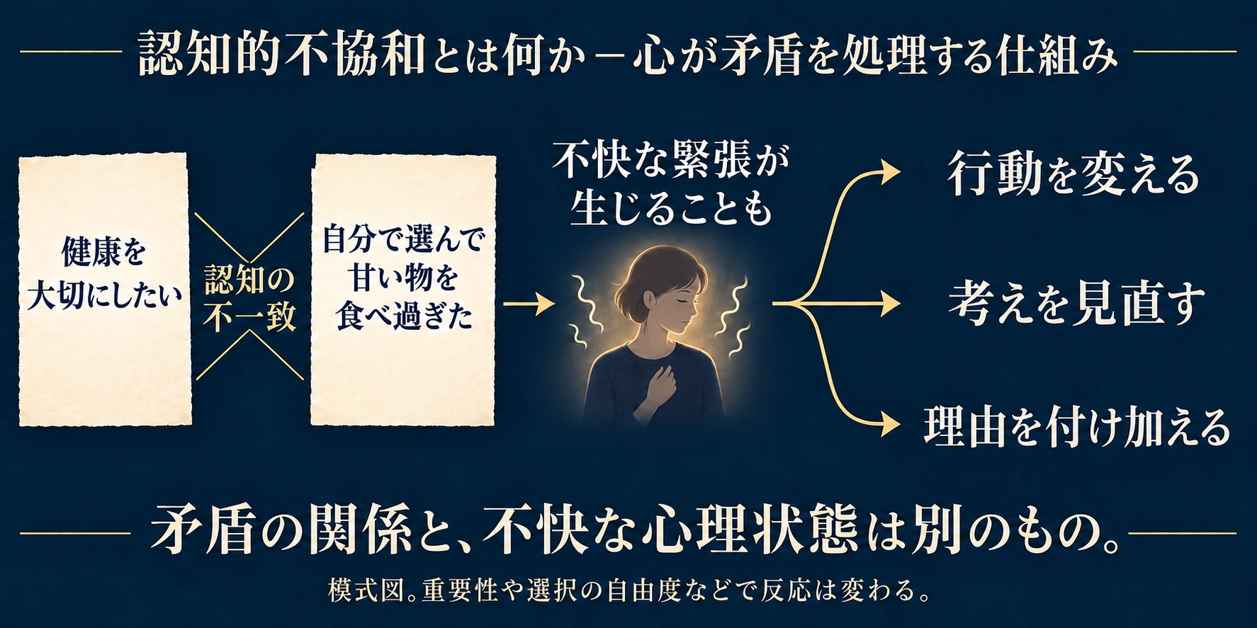 架空の日常例として『健康を大切にしたい』という信念と『自分で選んで甘い物を食べ過ぎた』という行動の自覚を並べる。二つの認知の食い違いは関係であり、本人に生じる不快な緊張という心理状態とは区別する。反応例として行動の変更、考えの見直し、理由の付加を並列に置くが、いずれも必然・順序・正解を示さない。重要性や自己決定感などで不協和の生じやすさや反応は変わる。