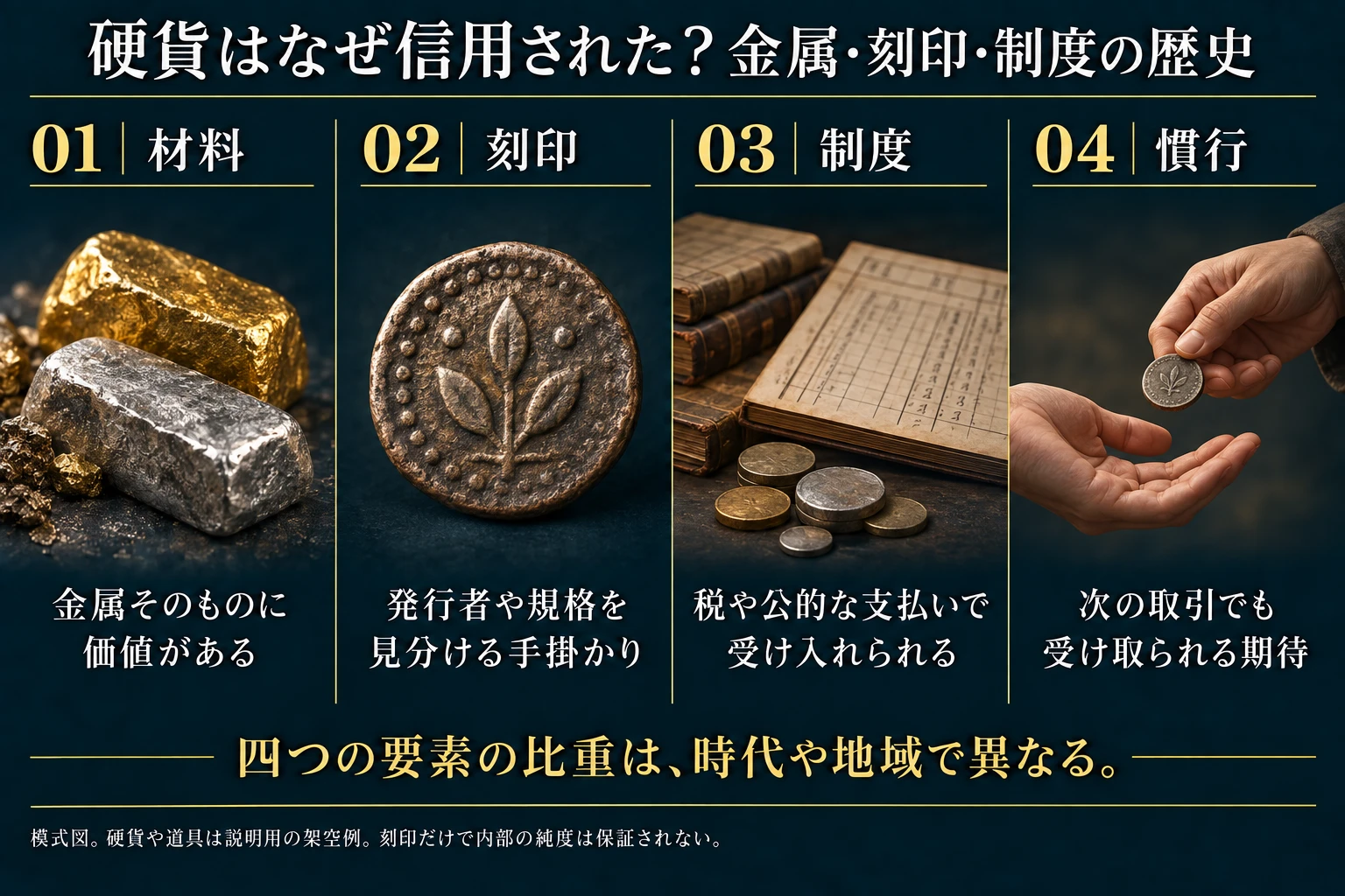 歴史的な硬貨の信用を考える四つの要素を整理した概念図